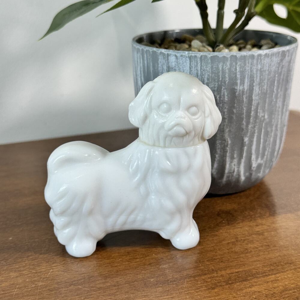 Vintage Avon Unforgettable Cologne Milk Glass Pekingese Dog Figurine Bottle 3.5"